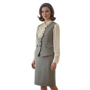 M Vintage 2pc Plaid Grey Women's Skirt Set Vest Sleevless Blazer